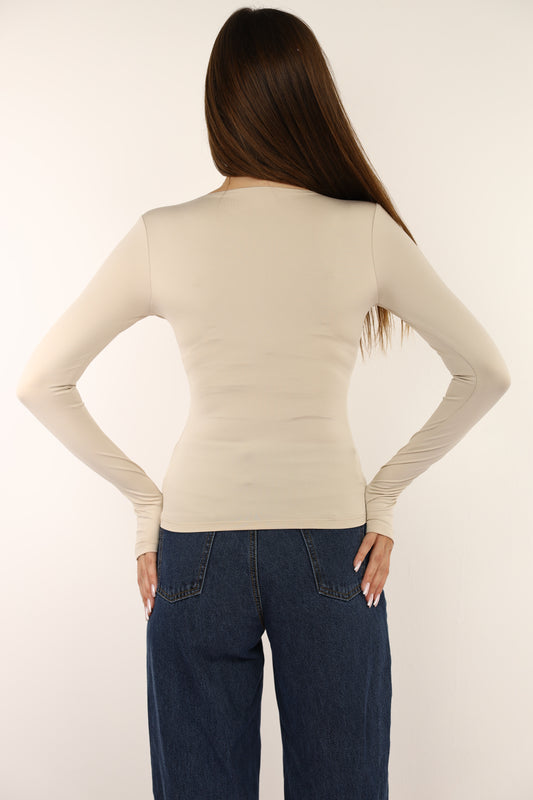 Beige Long Sleeve Top With Finger Hole
