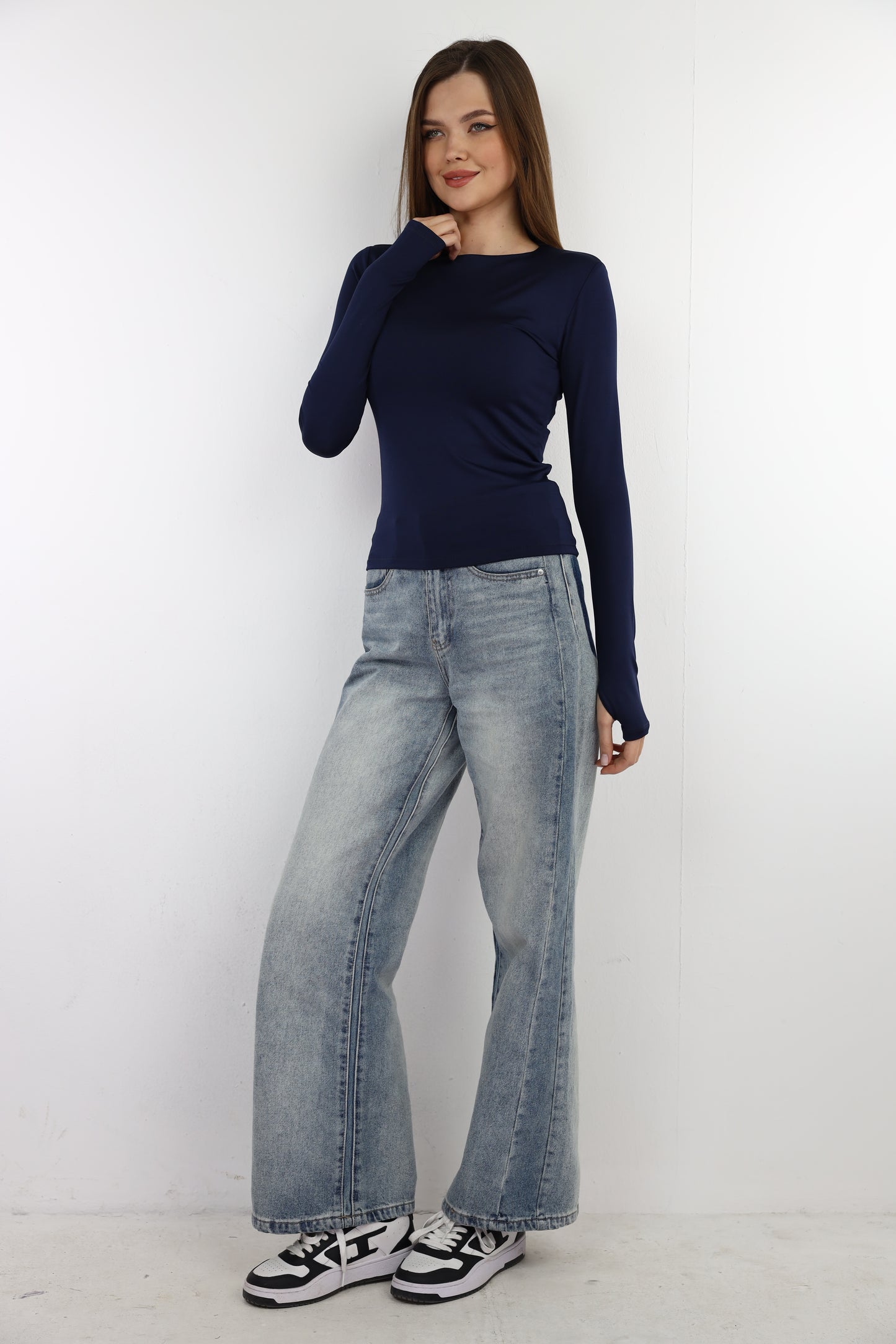 Navy Blue Long Sleeve Top with Finger Hole