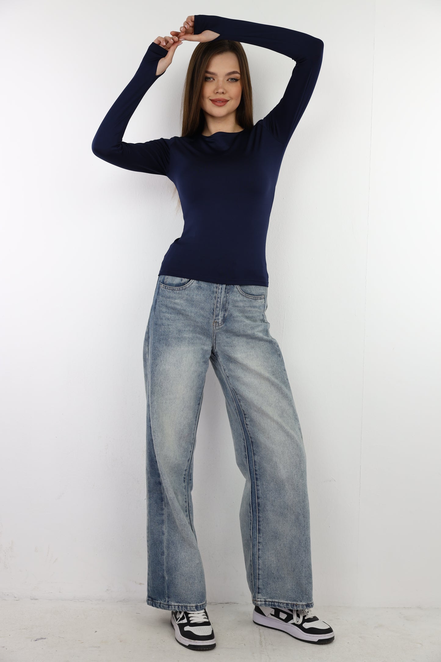 Navy Blue Long Sleeve Top with Finger Hole
