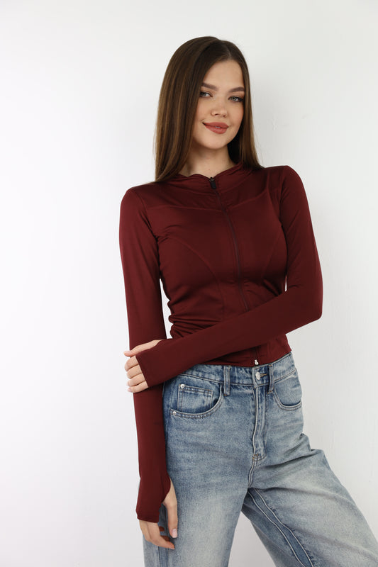 Burgundy Fitted Zip Up Jacket With Finger-Holes