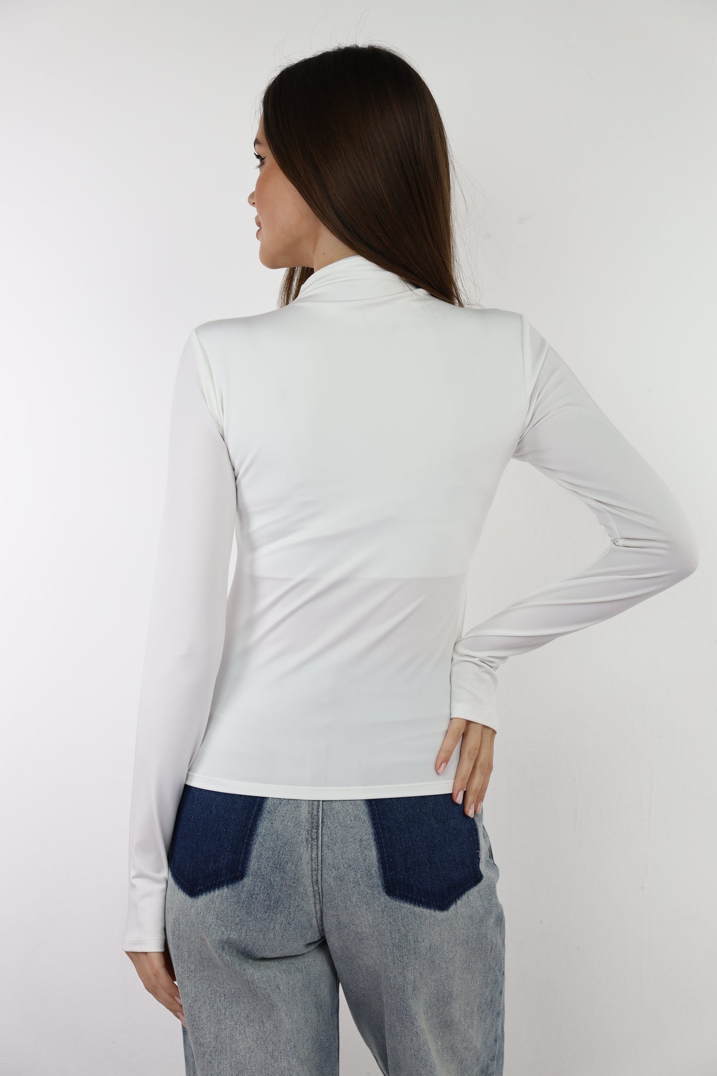 Off-White Turtle Neck Long Sleeve Top With Finger-Holes