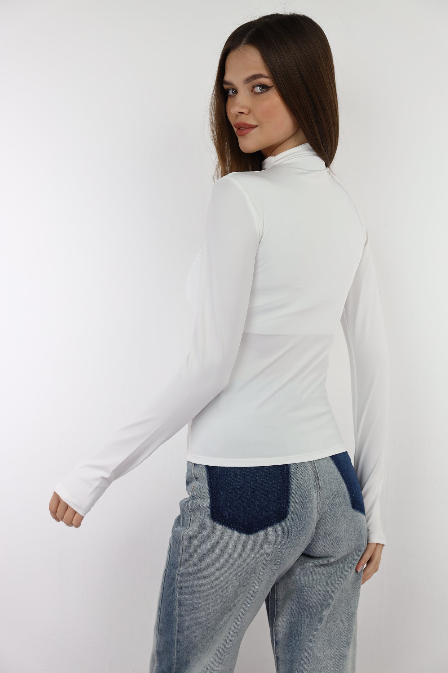 Off-White Turtle Neck Long Sleeve Top With Finger-Holes