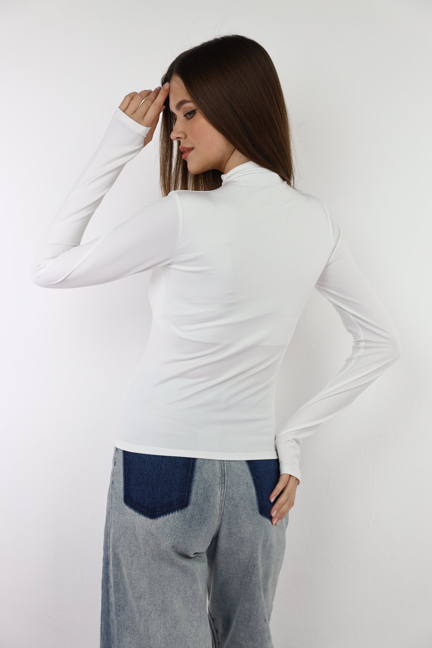 Off-White Turtle Neck Long Sleeve Top With Finger-Holes