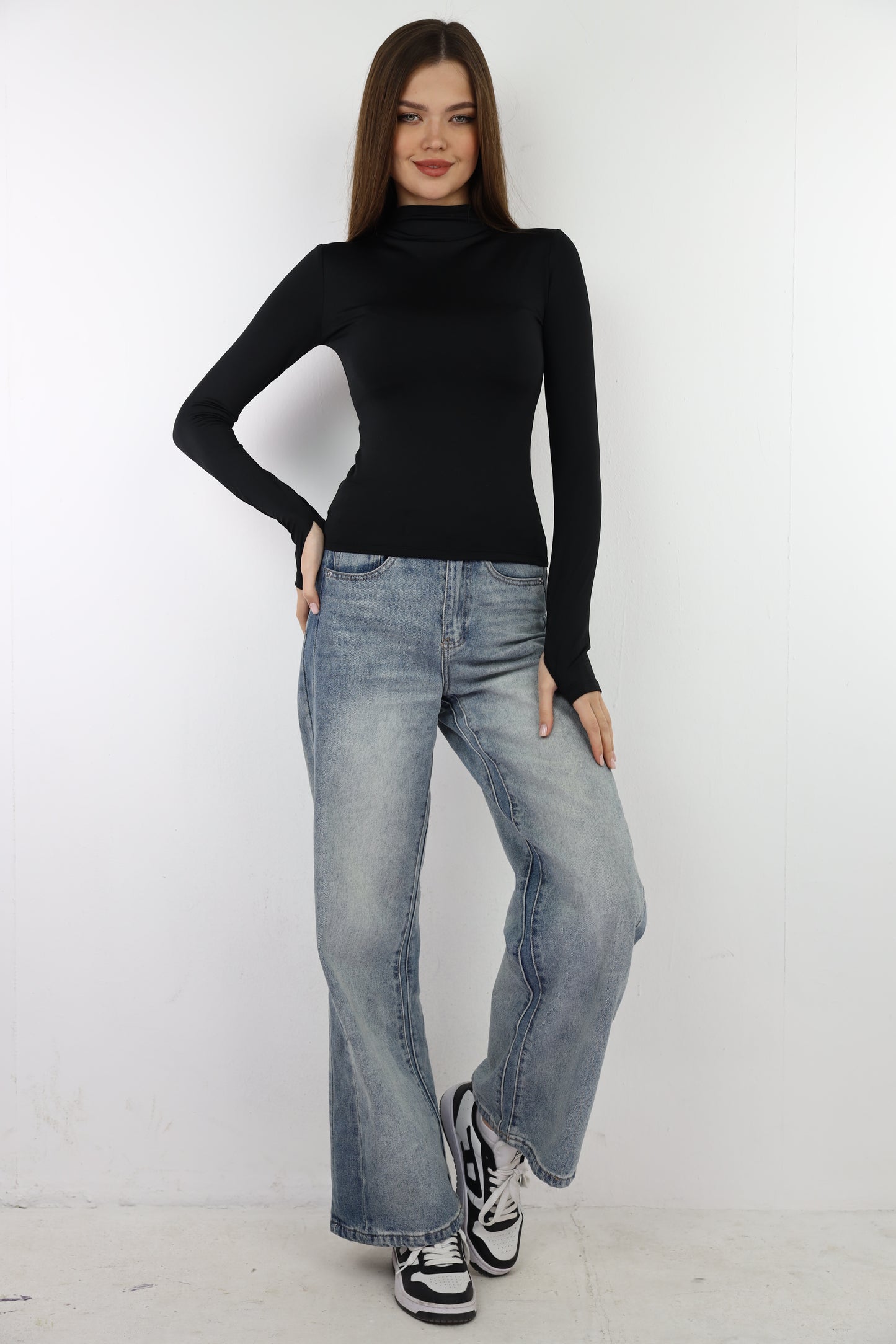 Black Turtle Neck Long Sleeve Top With Finger-Holes