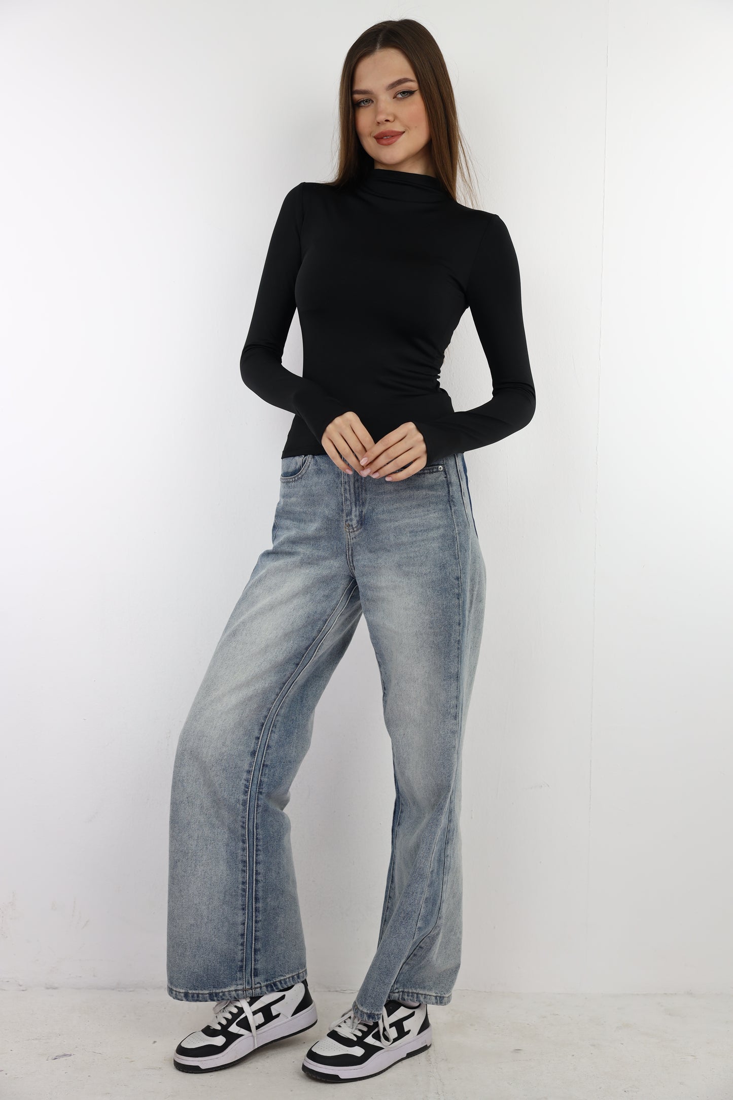 Black Turtle Neck Long Sleeve Top With Finger-Holes