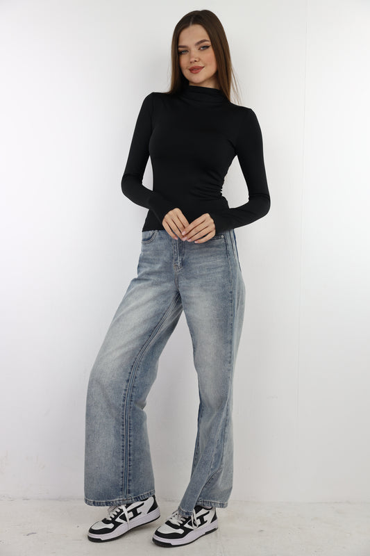 Black Turtle Neck Long Sleeve Top With Finger-Holes