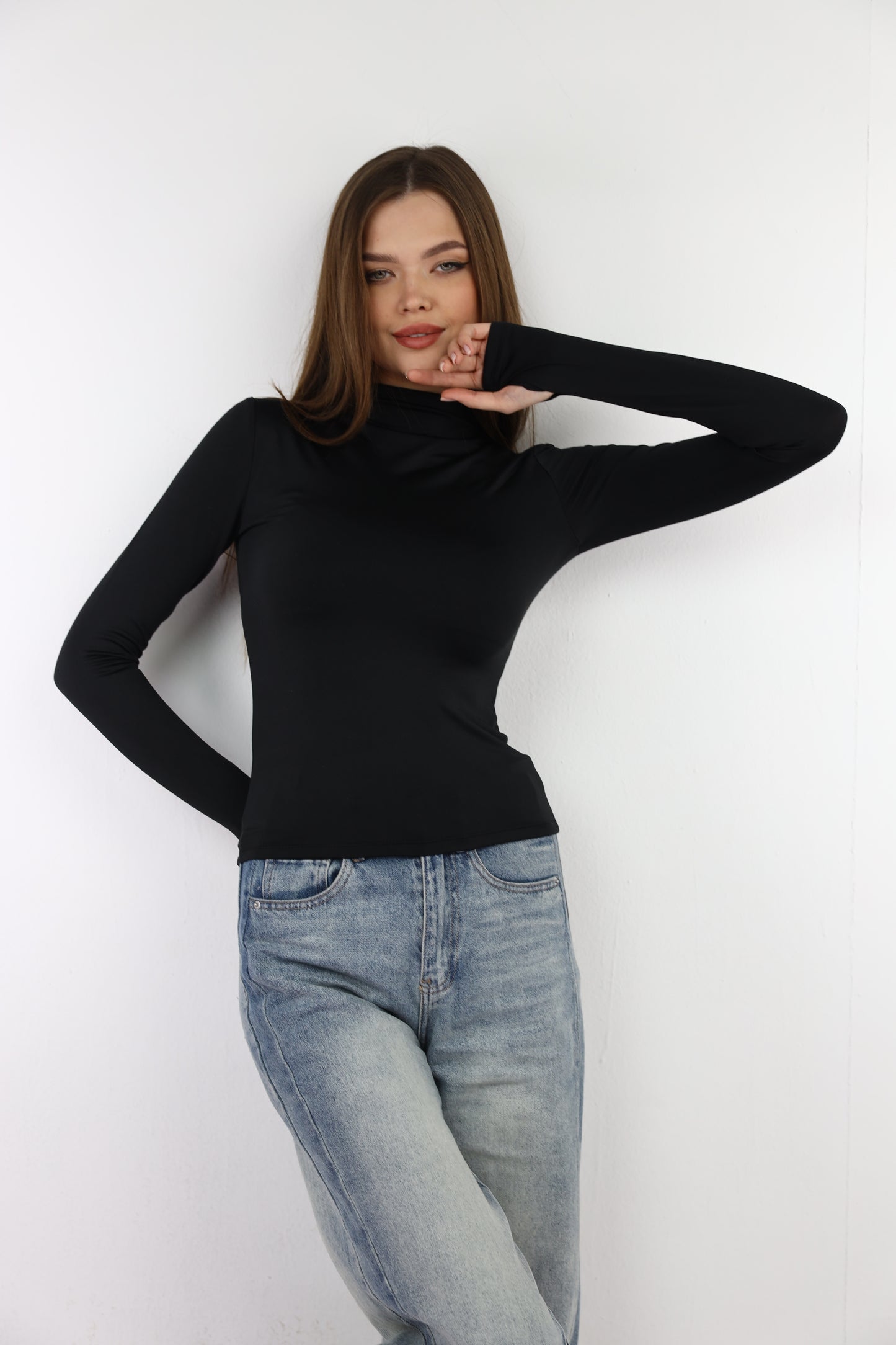 Black Turtle Neck Long Sleeve Top With Finger-Holes