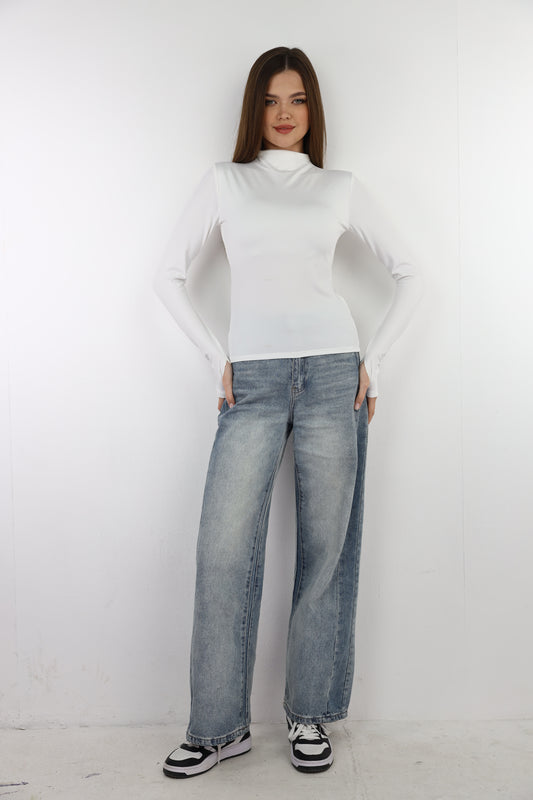 Off-White Turtle Neck Long Sleeve Top With Finger-Holes