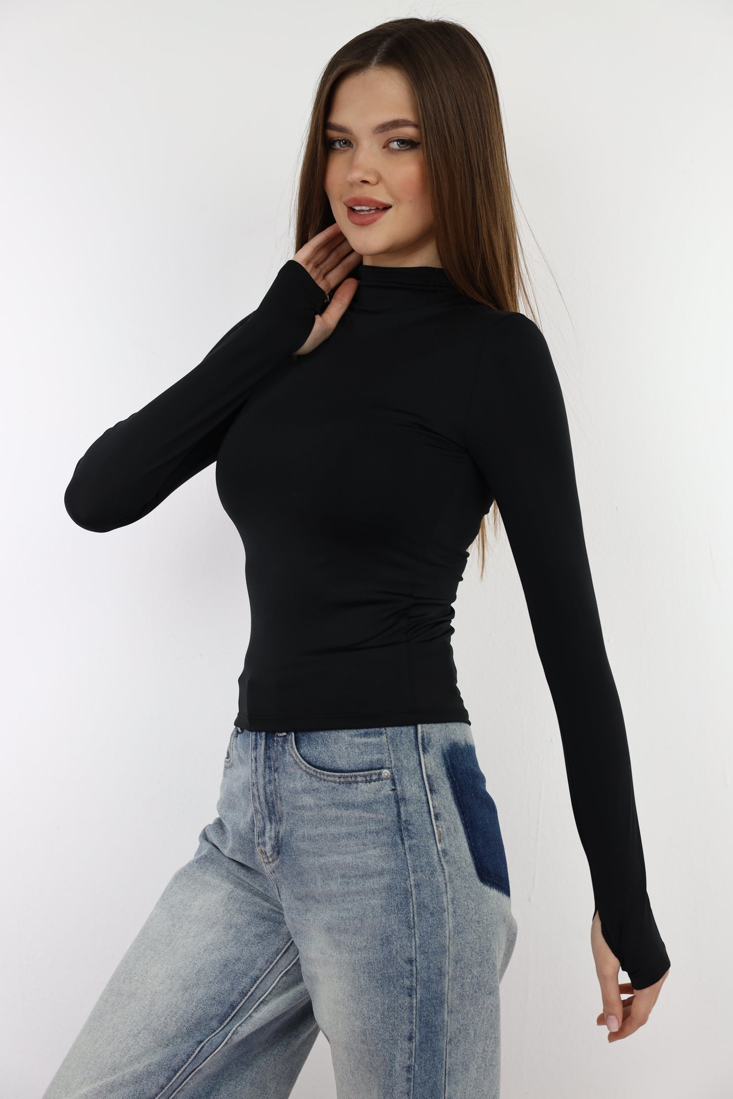 Black Turtle Neck Long Sleeve Top With Finger-Holes