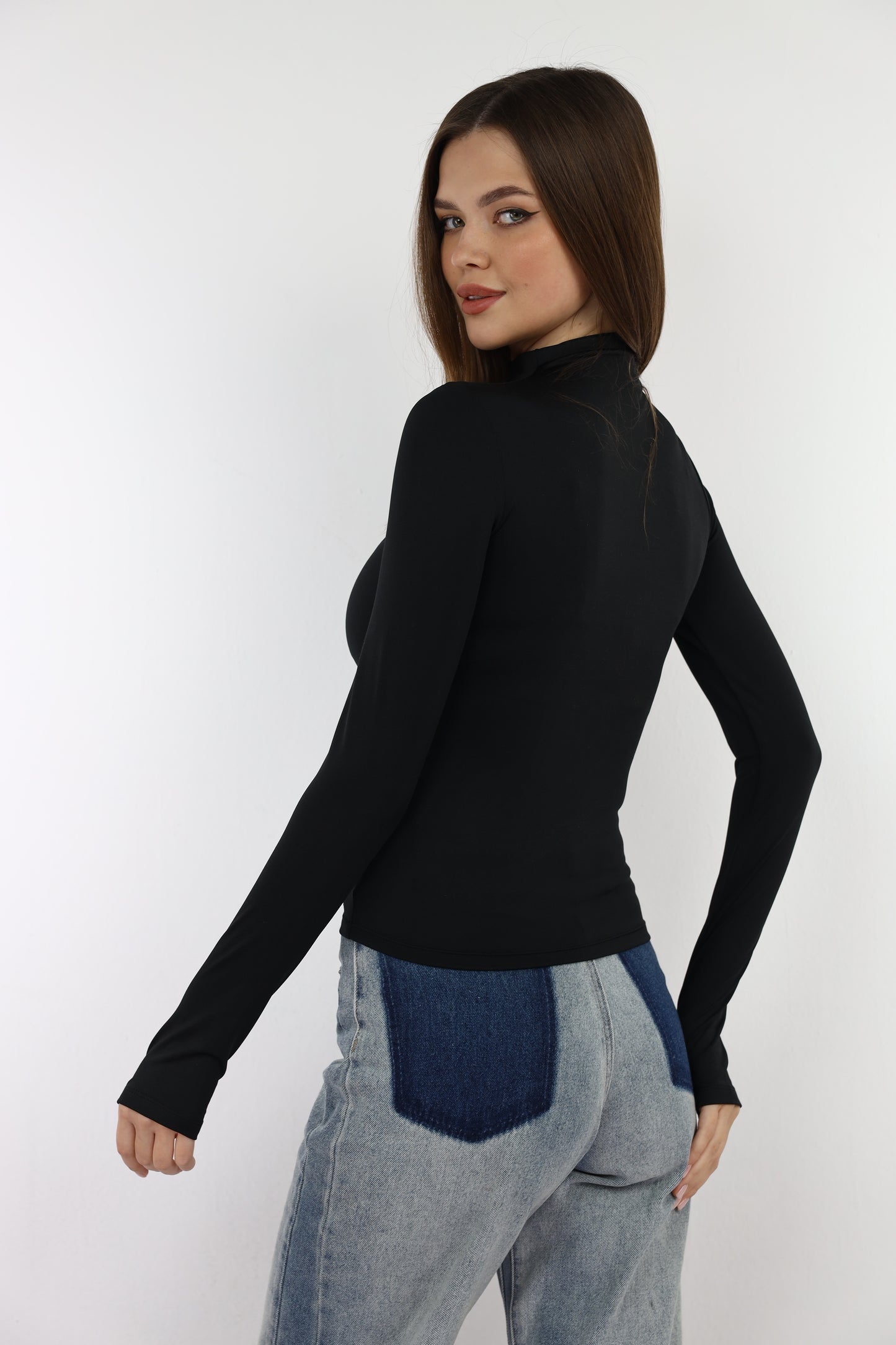 Black Turtle Neck Long Sleeve Top With Finger-Holes