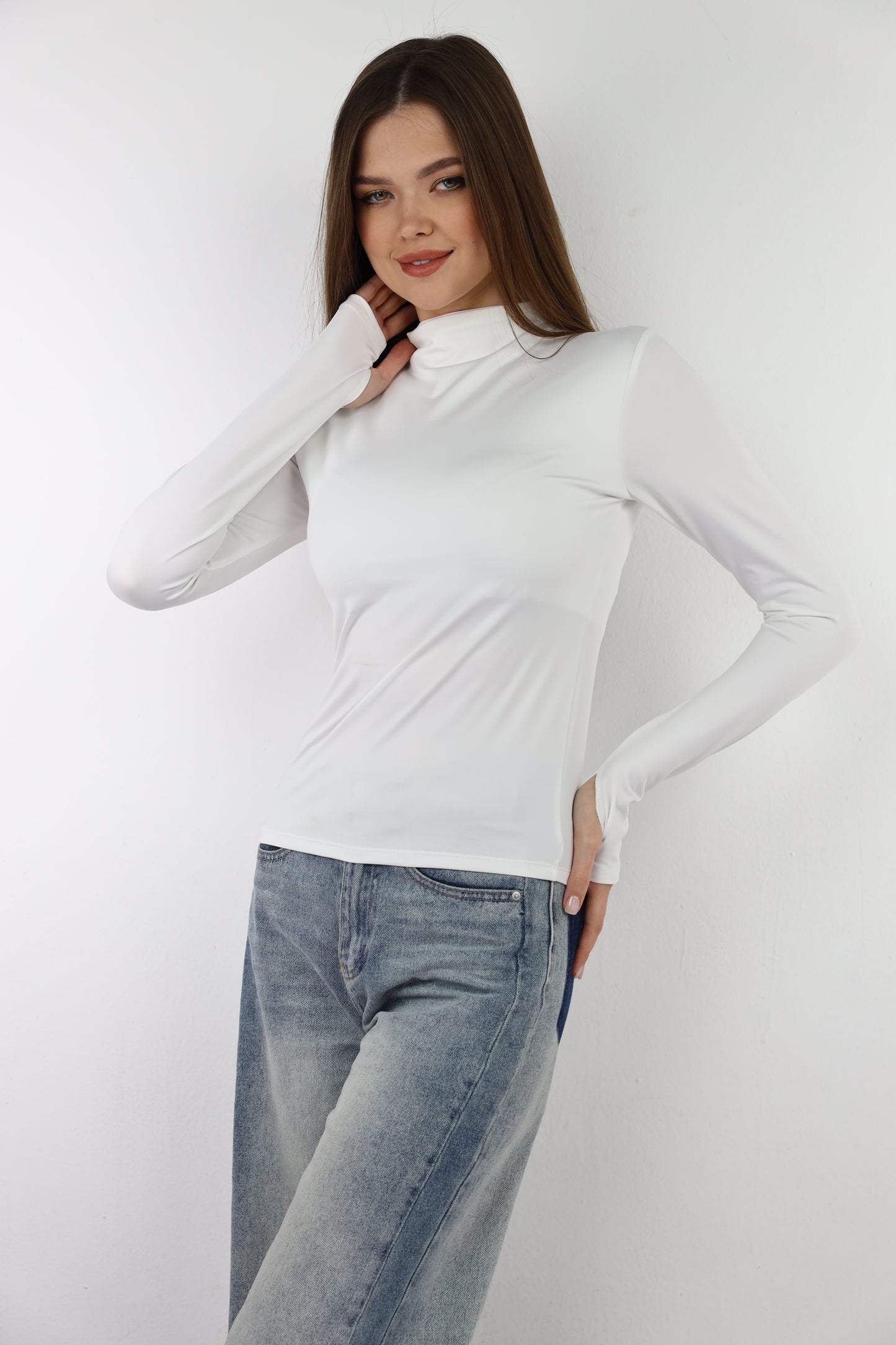 Off-White Turtle Neck Long Sleeve Top With Finger-Holes