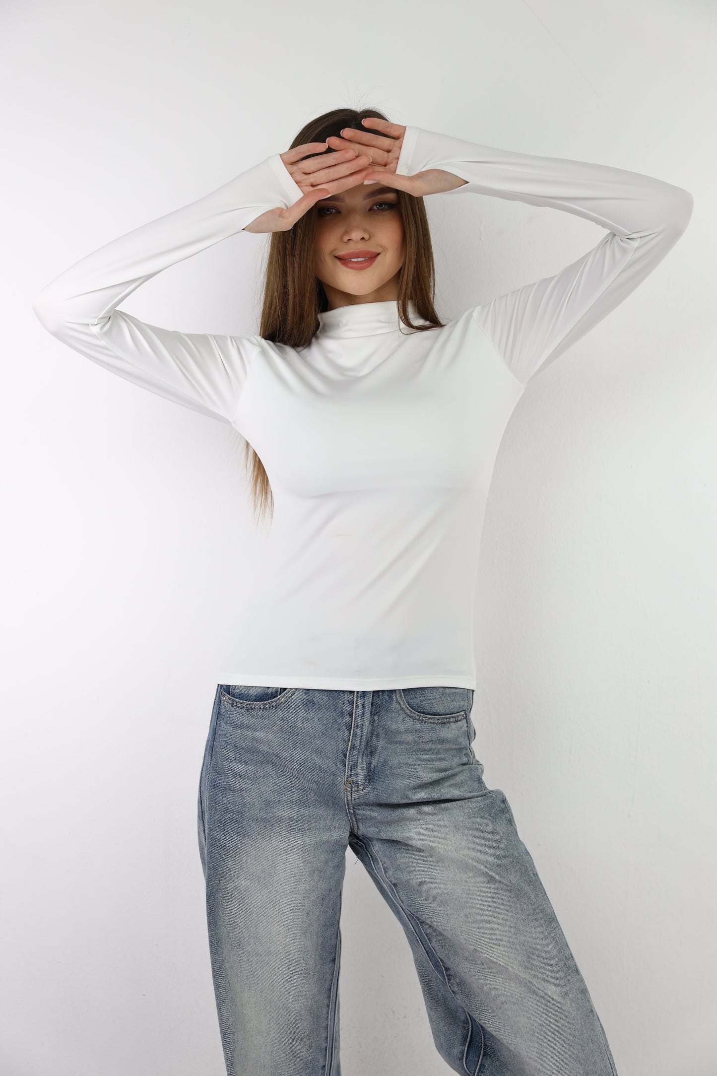 Off-White Turtle Neck Long Sleeve Top With Finger-Holes