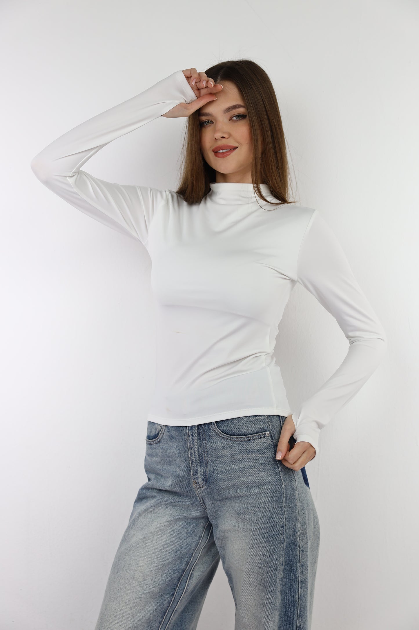 Off-White Turtle Neck Long Sleeve Top With Finger-Holes