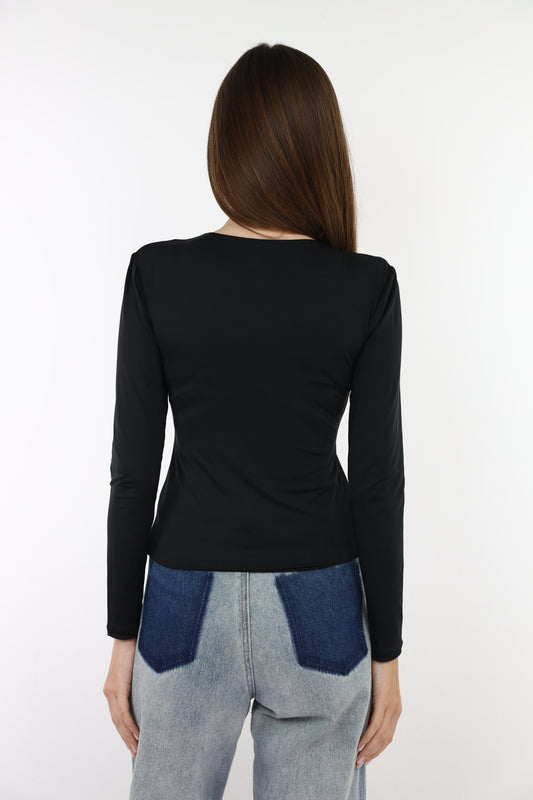 Black Classic Crew Neck Zip Up Jacket With Finger-Holes