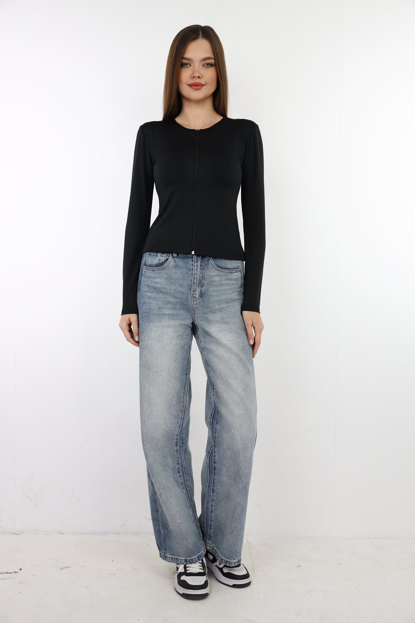 Black Classic Crew Neck Zip Up Jacket With Finger-Holes