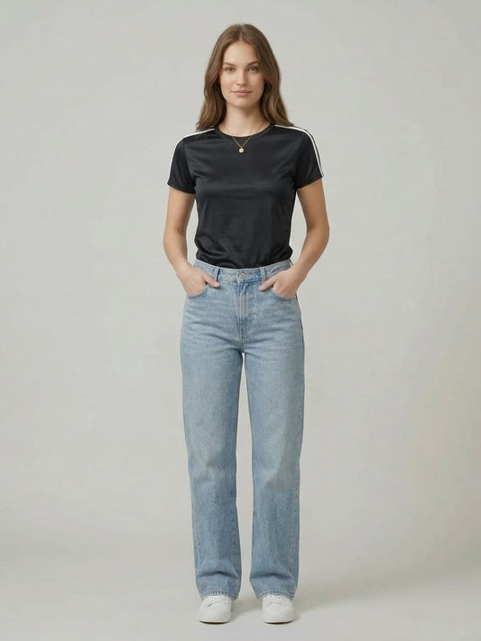 Black Crewneck Short Sleeve T-Shirt with Shoulder Stripes