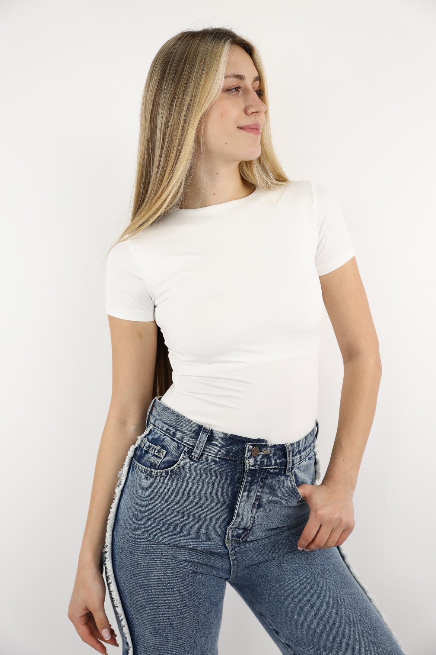 Off-White High Neck Short Sleeve Top