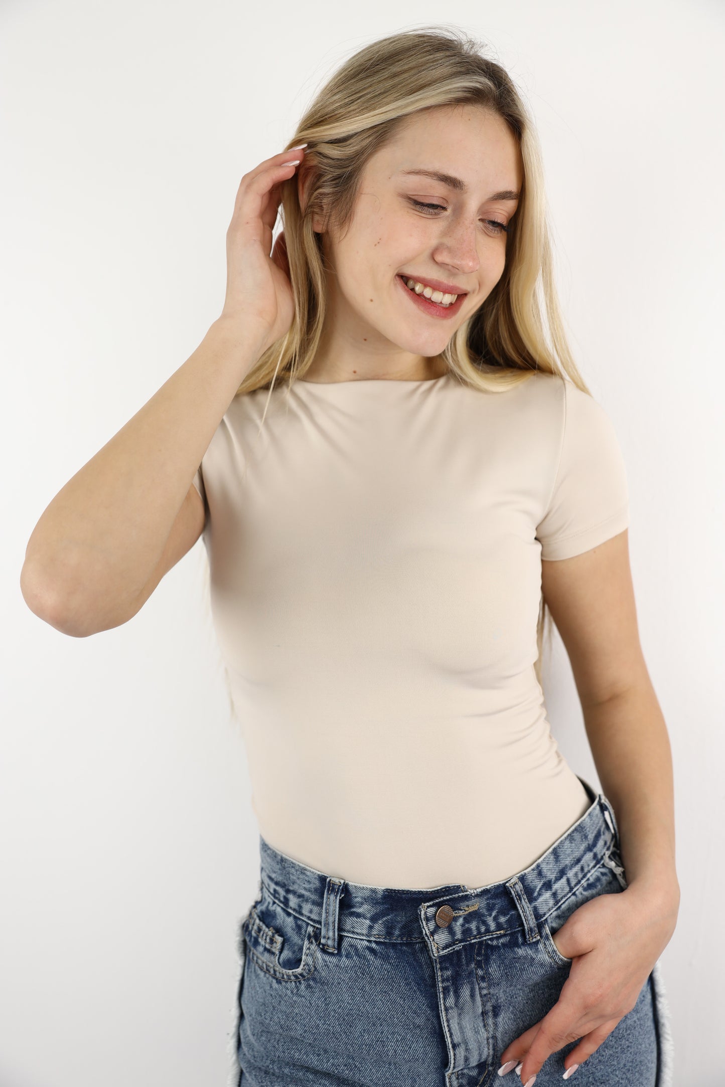 Beige Crewneck Short Sleeve Top