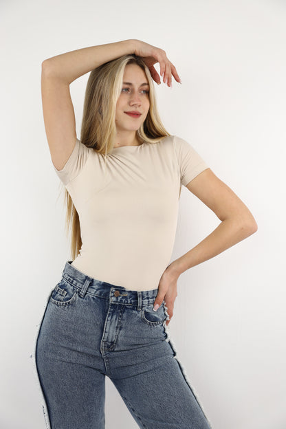Beige Crewneck Short Sleeve Top