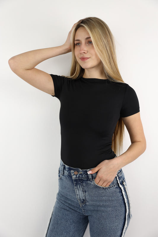 Black Crewneck Short Sleeve Top
