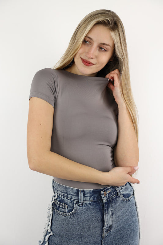 Grey Crewneck Short Sleeve Top