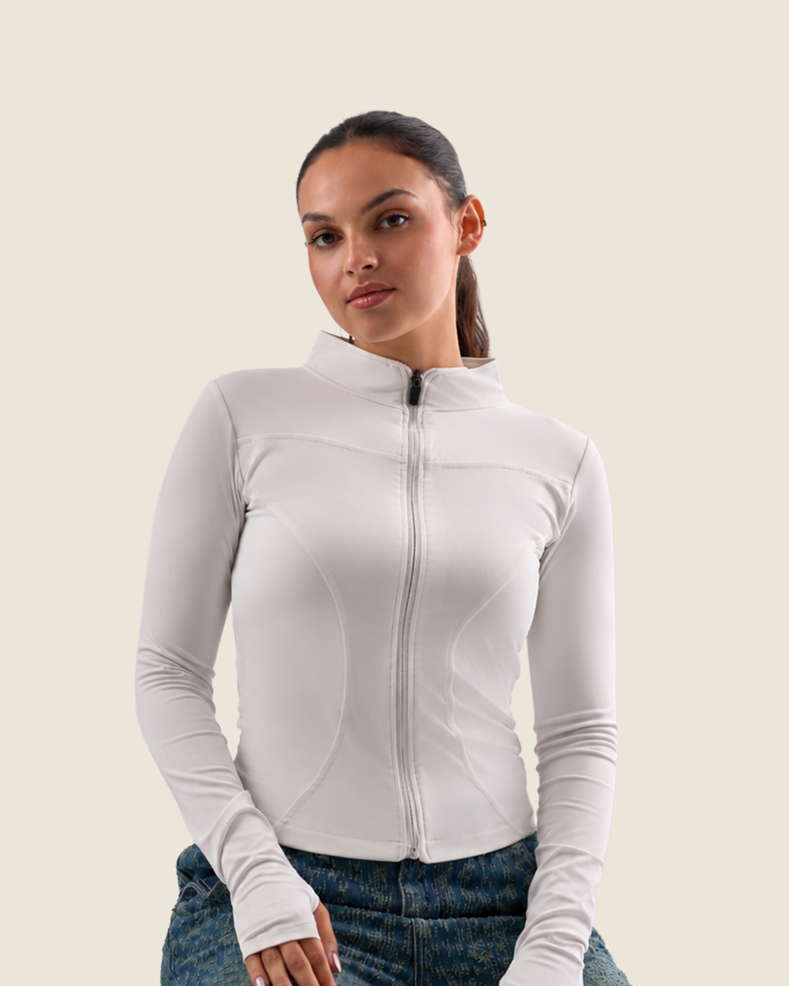 Off-White Fitted Mock Neck Zip Up Jacket – Finger Hole