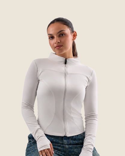 Off-White Fitted Mock Neck Zip Up Jacket – Finger Hole