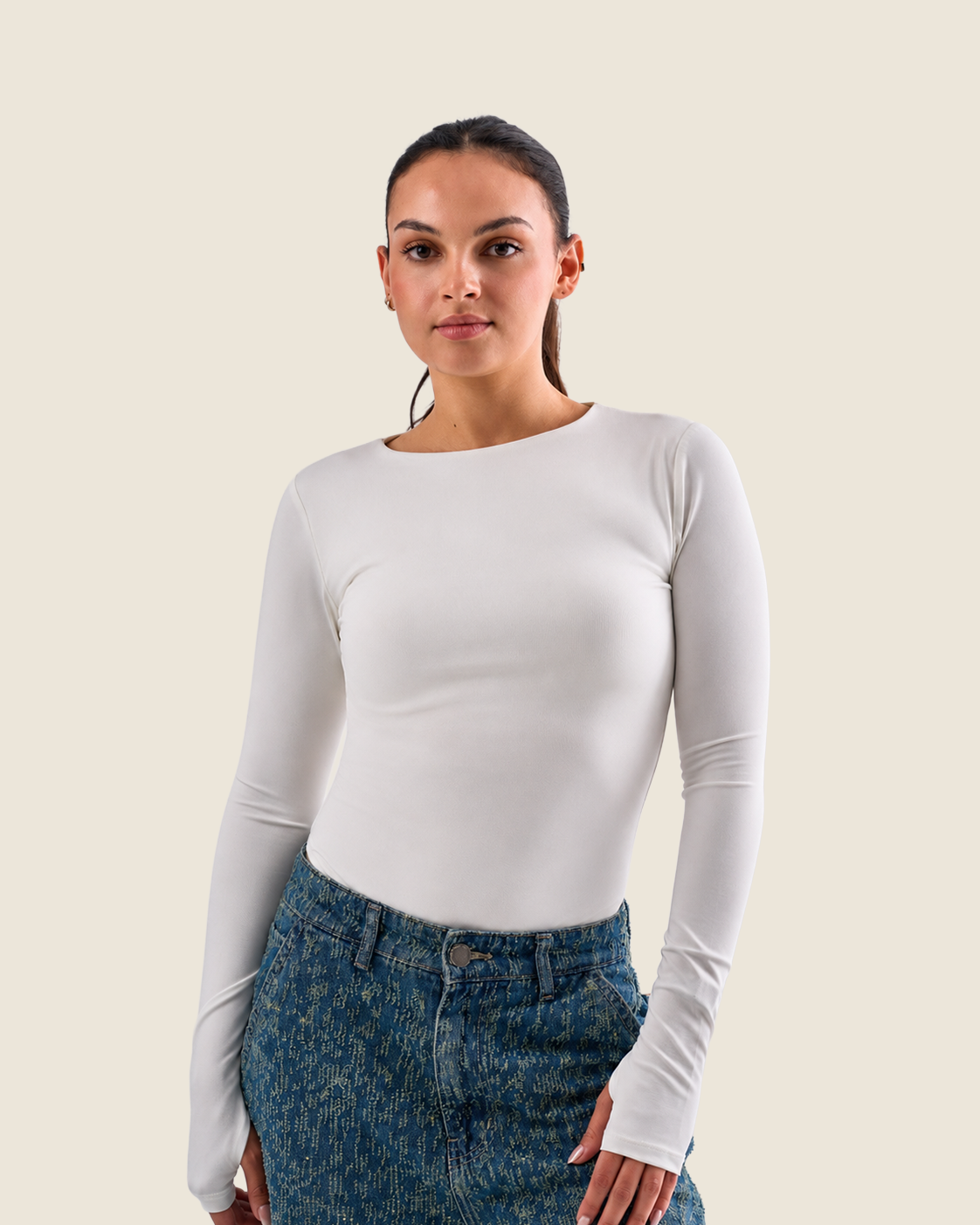 Off-White Bodysuit Long Sleeves Top – Finger Hole
